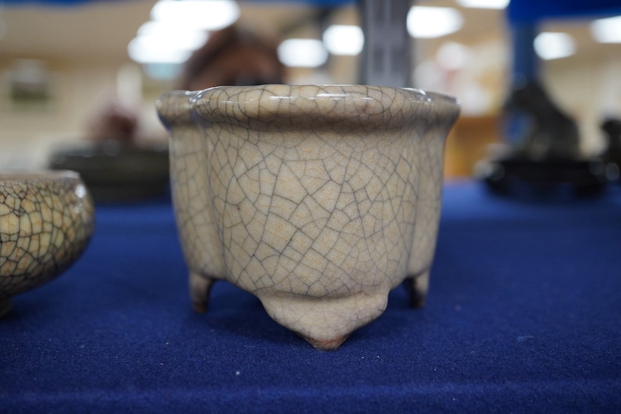 A Chinese crackle-glaze censer, 14cm wide, and a similar peach shaped brush washer, 12cm diameter (2). Condition - good.